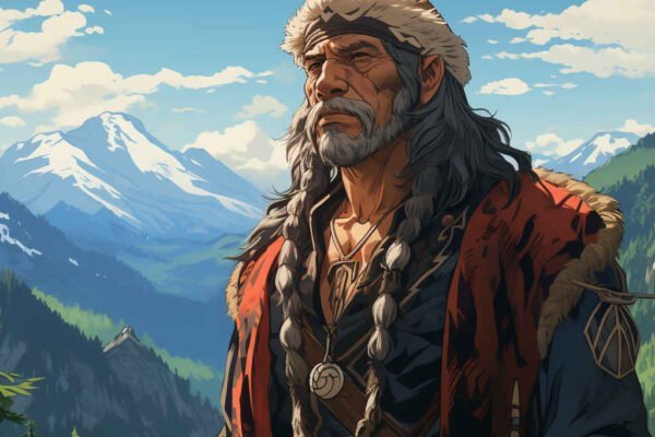 Hombre de pie, con atuendo tribal del pueblo Ainu en Japón. al fondo un paisaje montañoso.