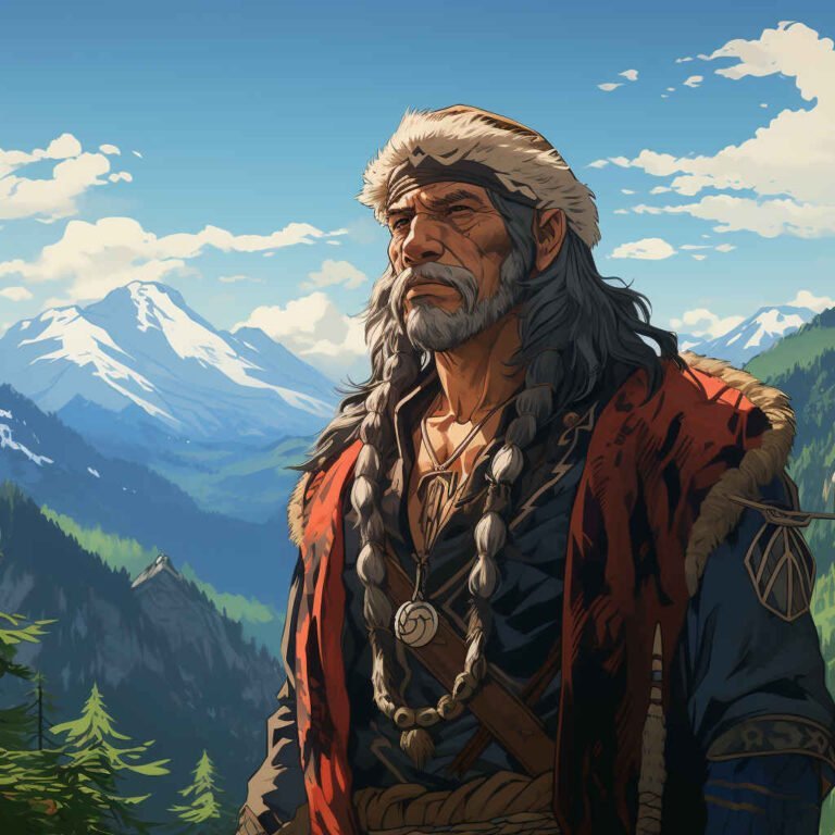 Hombre de pie, con atuendo tribal del pueblo Ainu en Japón. al fondo un paisaje montañoso.