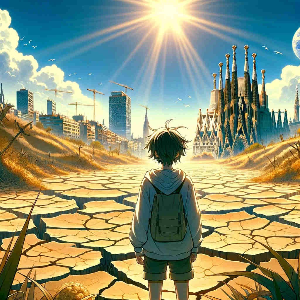 Chica anime sobre suelo agrietado por la sequía en Barcelona