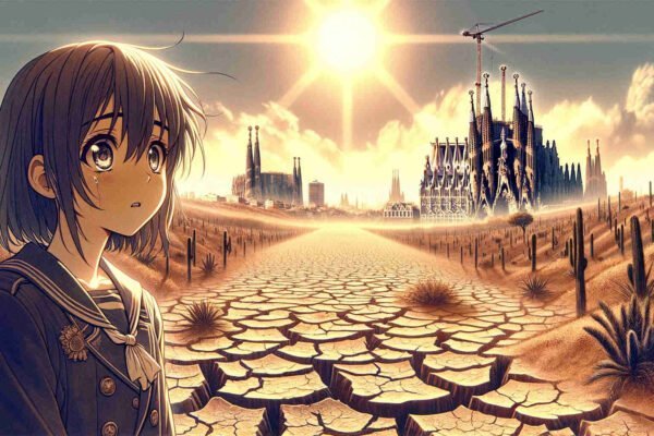 Chica anime sobre suelo agrietado por la sequía en Barcelona
