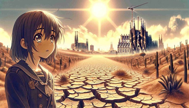 Chica anime sobre suelo agrietado por la sequía en Barcelona