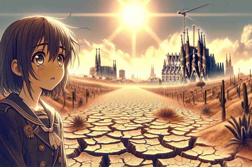 Chica anime sobre suelo agrietado por la sequía en Barcelona