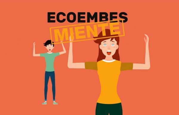 Imagen de un hombre y una mujer, en colores planos con el texto Ecoembes miente