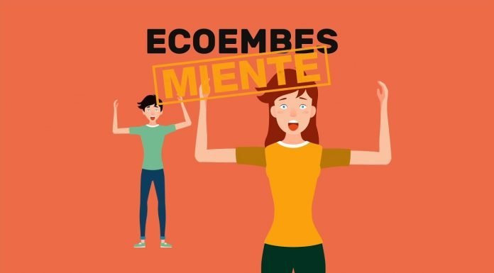 Imagen de un hombre y una mujer, en colores planos con el texto Ecoembes miente
