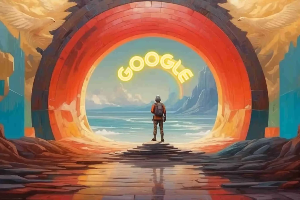 persona con gorra delante de un arco que deja ver las letras de Google.