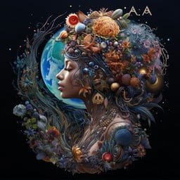 Mujer africana con guirnalda de flores en el pelo el Planeta Tierra de fondo, representa a la Diosa Gaia.