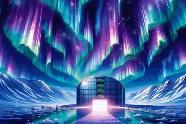 Aurora boreal sobre edificio Svalbard refugio semillas.