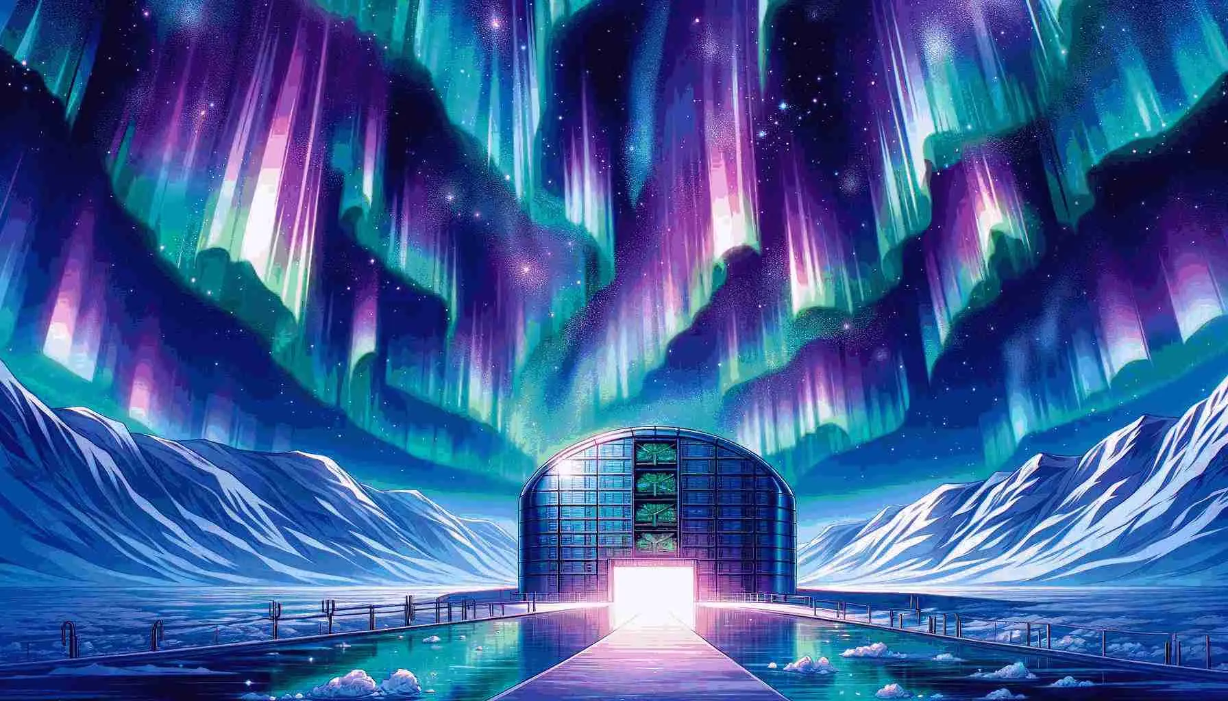 Aurora boreal sobre edificio Svalbard refugio semillas.