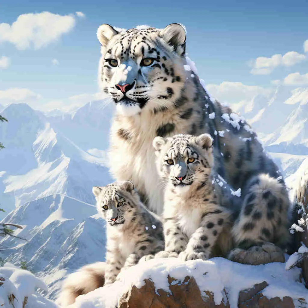 Madre leopardo de las nieves con dos crías en la cima de una montaña nevada.