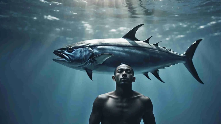 Hombre buceando bajo atún rojo.