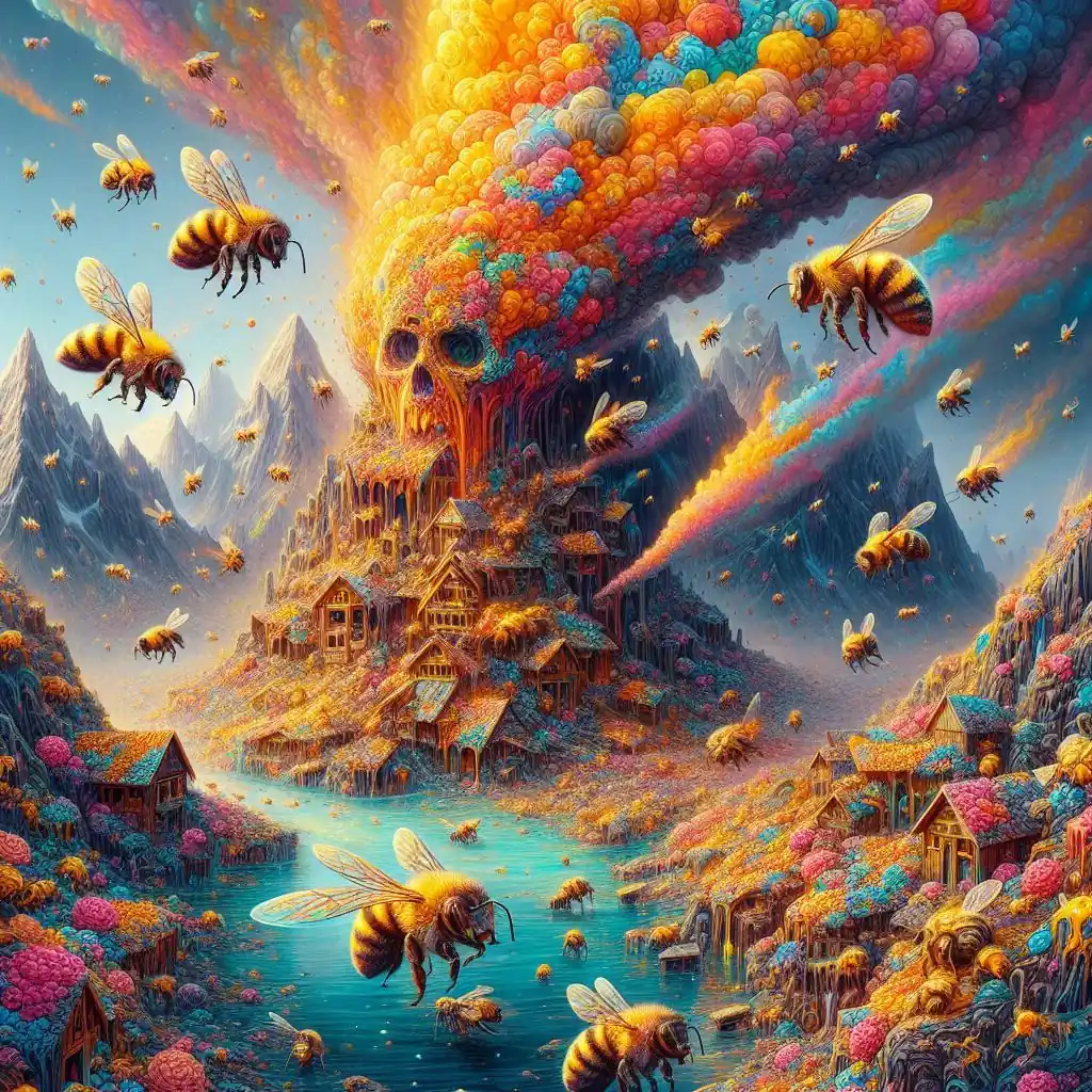 La imagen muestra un paisaje onírico y surrealista, dominado por una montaña en forma de calavera gigante de la que emana una nube multicolor, asemejando un enjambre de abejas. Este escenario podría simbolizar la muerte de las abejas y el impacto catastrófico que su desaparición tendría en el medio ambiente y la humanidad.