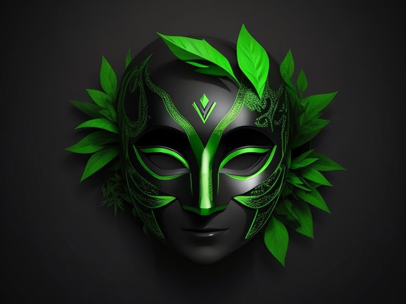 Desenmascarando el greenwashing: prácticas engañosas que debes conocer Mascara negra con adornos de hojas verdes, con fondo oscuro.