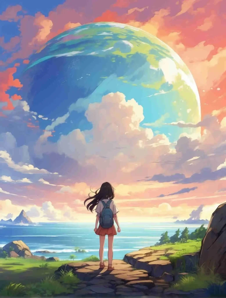 Imagen estilo anime colores pastel, mujer joven en la mirando un planeta azul entre nubes.