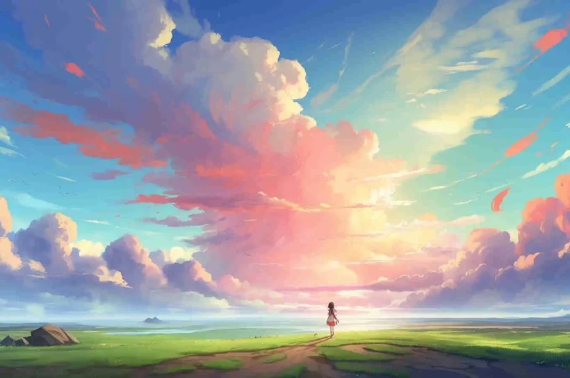 Imagen estilo anime cielo colores anaranjados y rosas sobre las nubes blancas Mujer joven mirando el cielo.