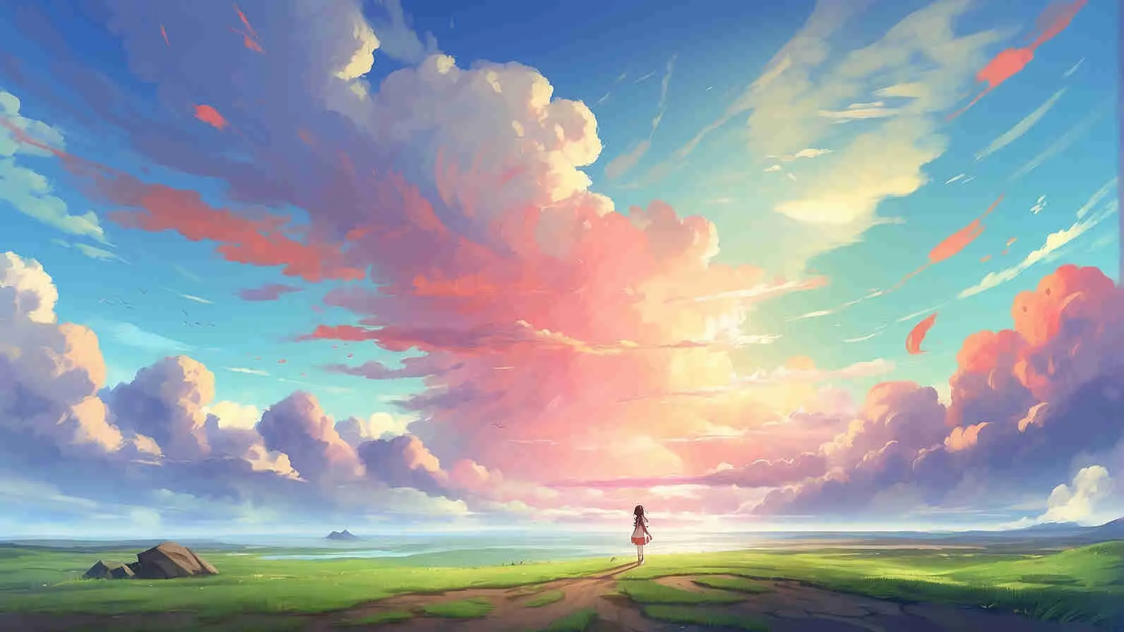 Imagen estilo anime cielo colores anaranjados y rosas sobre las nubes blancas Mujer joven mirando el cielo.