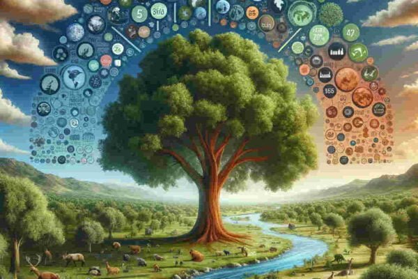 Ecología en Cifras: El Impacto Económico de la Sostenibilidad 💰🌱 Árbol con un arcoiris de números