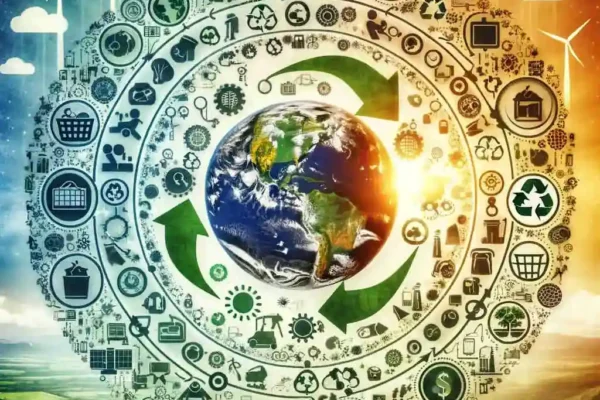 Diversos objetos girando alrededor del Planeta Tierra, simbolizando la economía circular.
