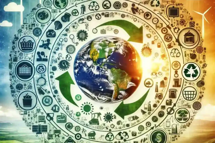 Diversos objetos girando alrededor del Planeta Tierra, simbolizando la economía circular.