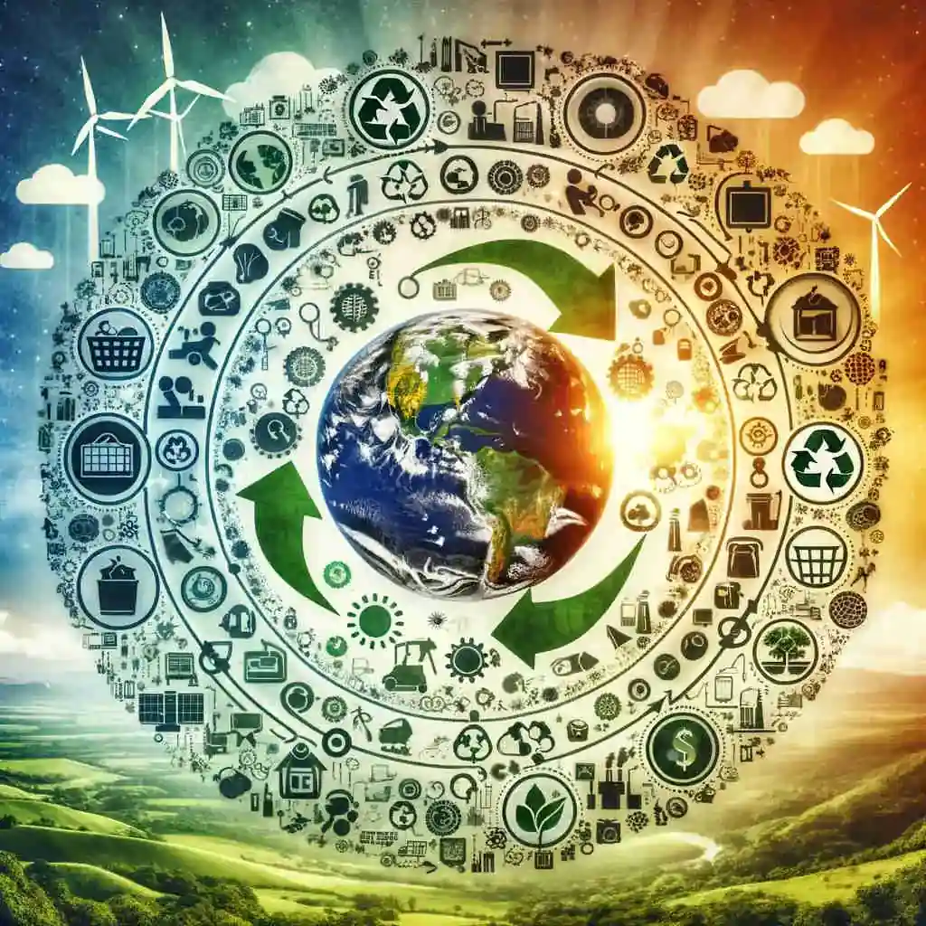 Cómo la Economía Circular Puede Ahorrarte Dinero Diversos objetos girando alrededor del Planeta Tierra, simbolizando la economía circular.