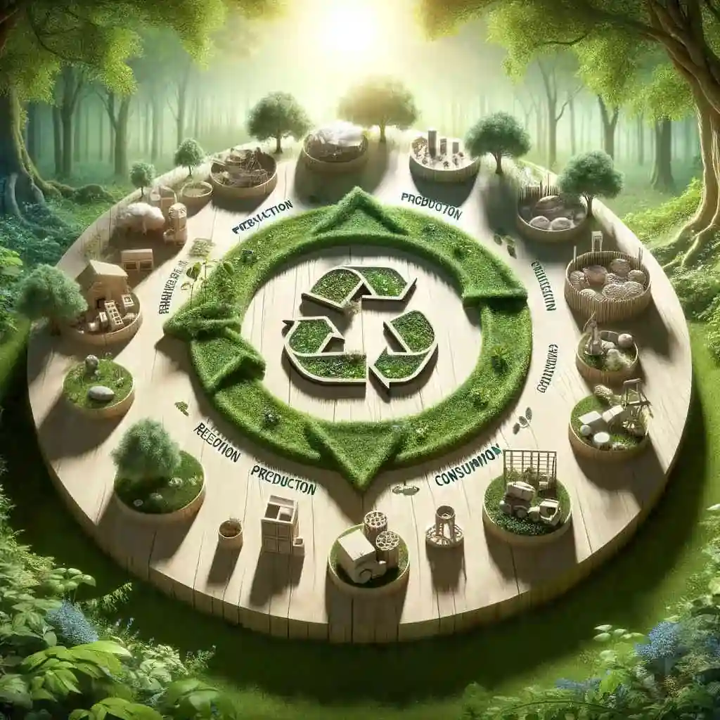 círculo con distintos objetos alrededor del símbolo de reciclaje en un bosque verde representando la economía circular.