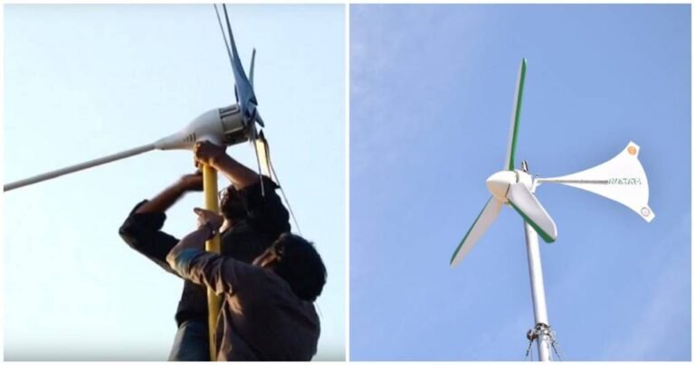 Dos personas instalando un generador eólico doméstico en un tejado.