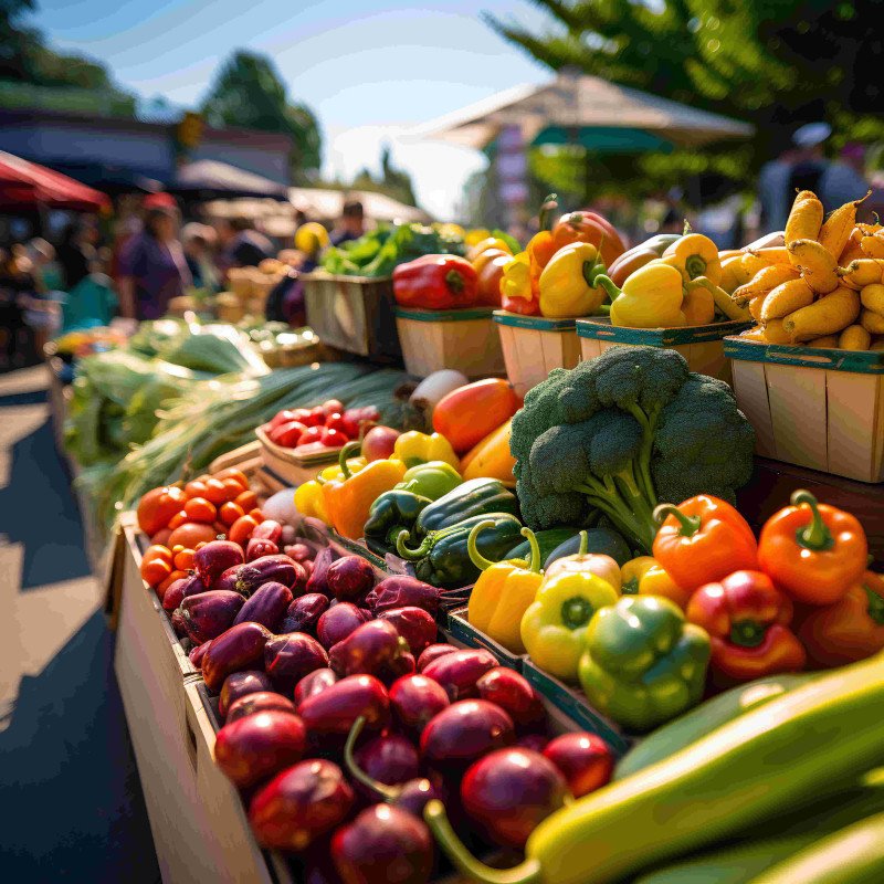 Mercado verduras y frutas sostenibles.