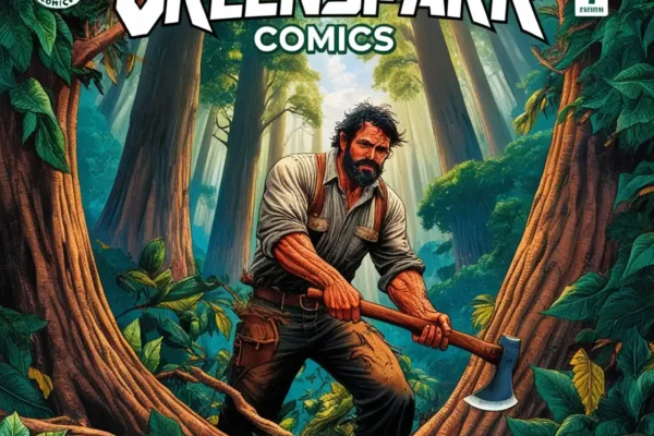 Portada de comic leñador con hacha talando árboles en Brasil.