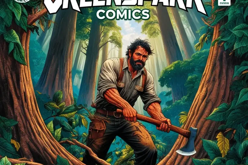 Portada de comic leñador con hacha talando árboles en Brasil.