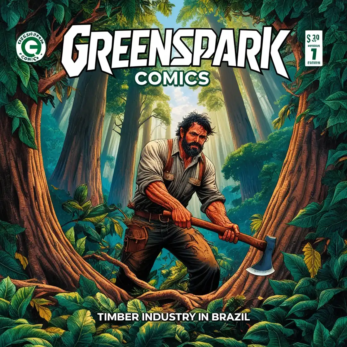 Portada de comic leñador con hacha talando árboles en Brasil.