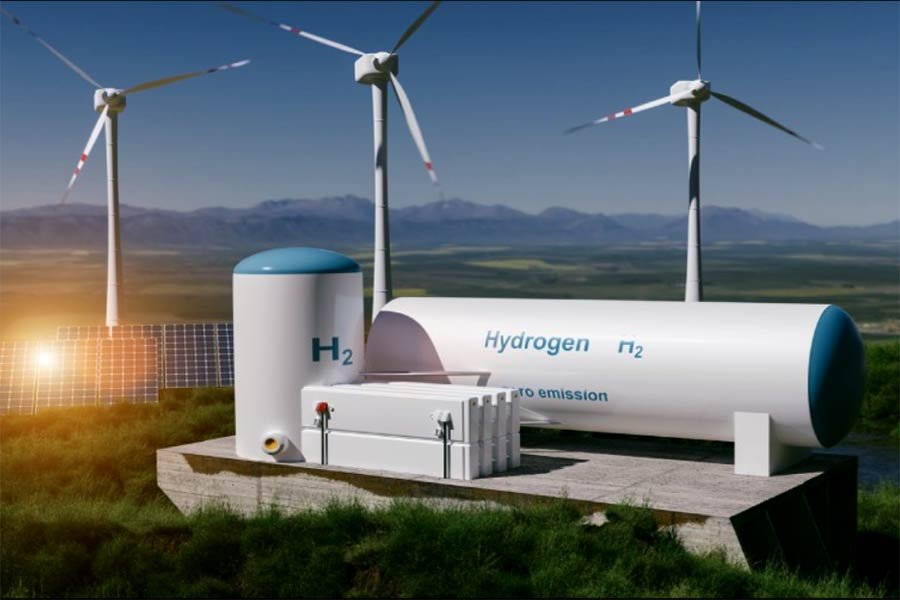 Imagen de planta generadora eólica con almacenes de Hidrógeno.
