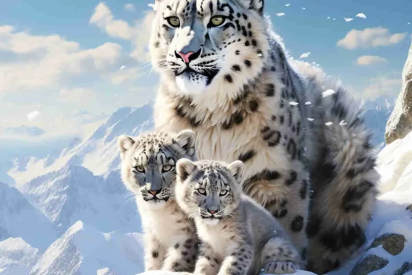Madre leopardo de las nieves con dos crías en la cima de una montaña nevada.