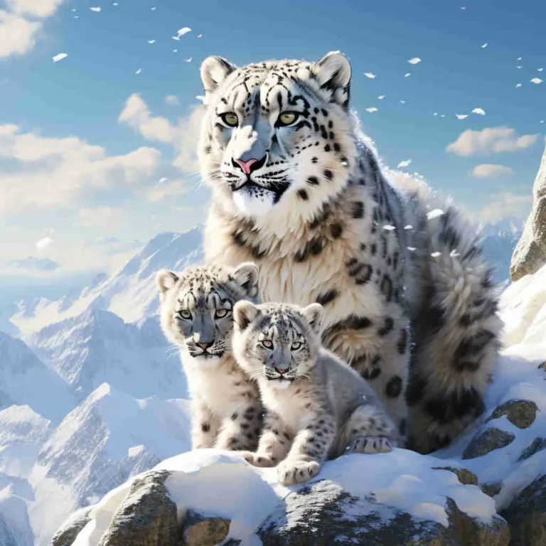 Madre leopardo de las nieves con dos crías en la cima de una montaña nevada.