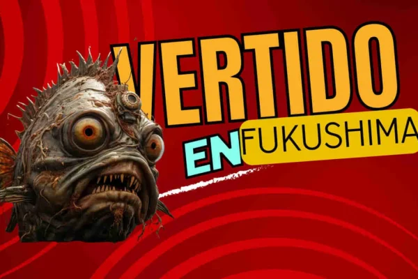 Imagen sensacionalista de pez mutado con título en amarillo Vertido en Fukushima