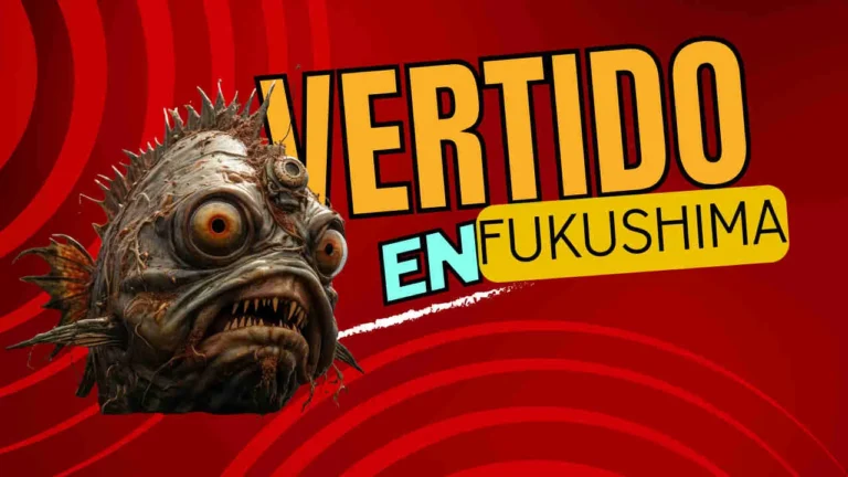 Imagen sensacionalista de pez mutado con título en amarillo Vertido en Fukushima