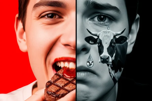 Imagen de montaje hombre mitad derecha comiendo carne mitad izquierda pensando en el animal que se está comiendo.