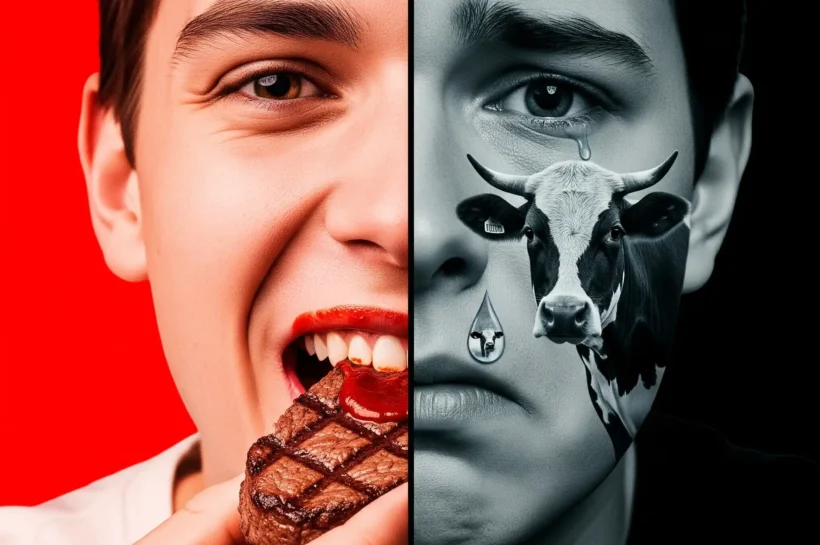 Imagen de montaje hombre mitad derecha comiendo carne mitad izquierda pensando en el animal que se está comiendo.