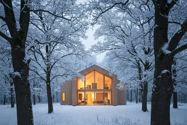 casa moderna eficiencia energética passivhaus en bosque de robles nevado.