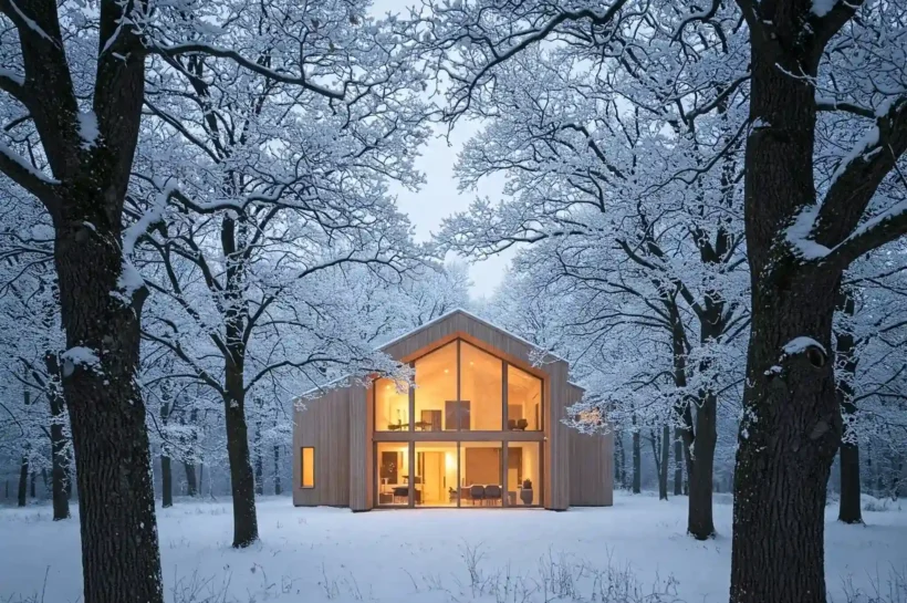 casa moderna eficiencia energética passivhaus en bosque de robles nevado.