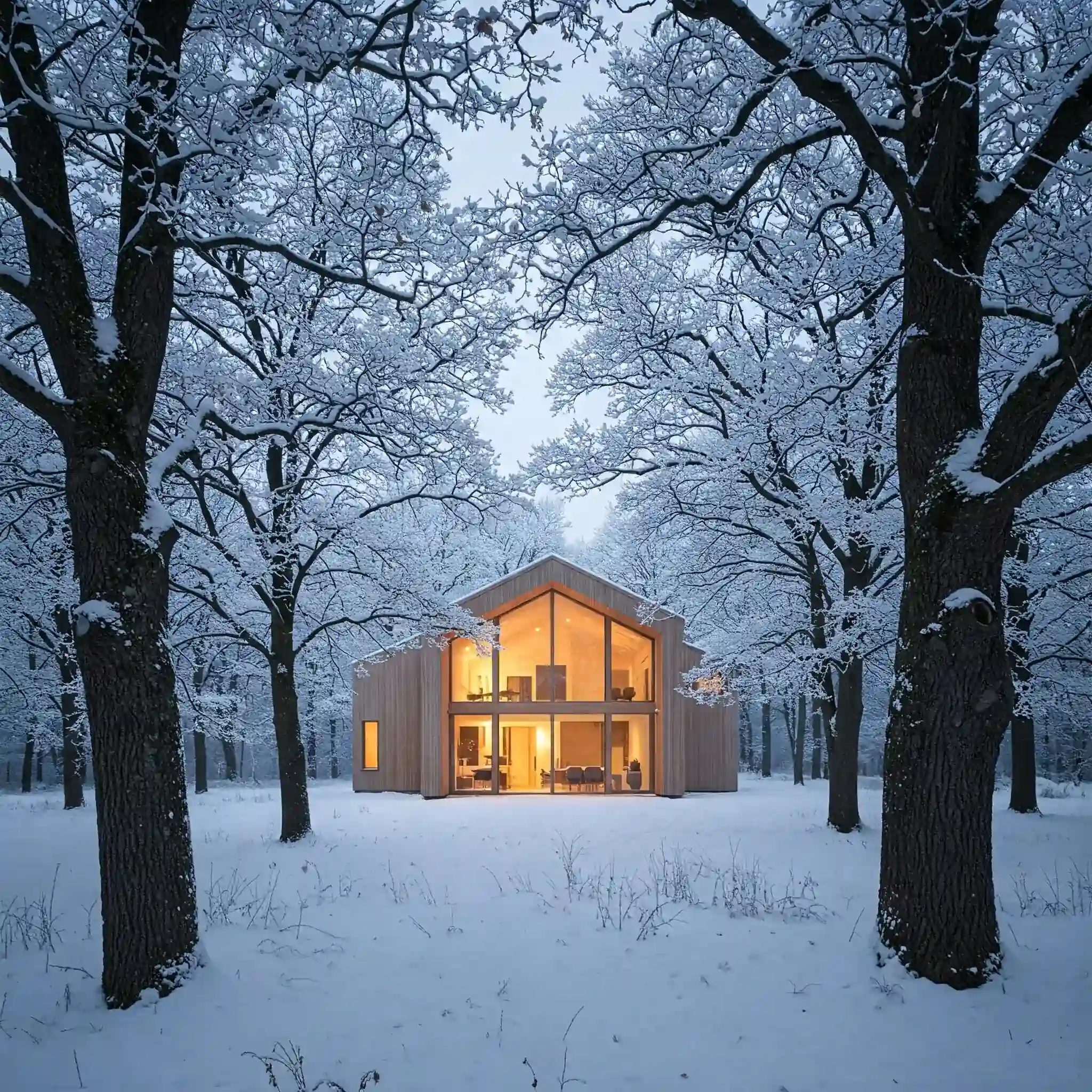 casa moderna eficiencia energética passivhaus en bosque de robles nevado.