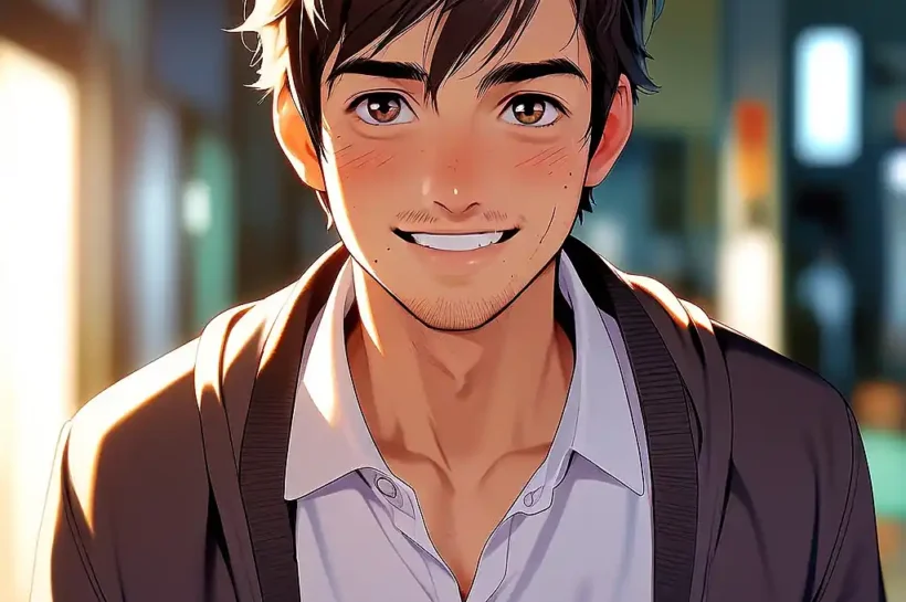 Hombre joven sonriente anime, serie Hope.