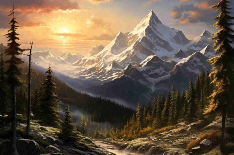 Paisaje montañas fondo, rio bosque