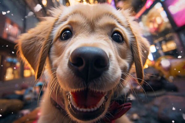 Imagen de cachorro de labrador haciendose una autofoto, ciudad de fondo.