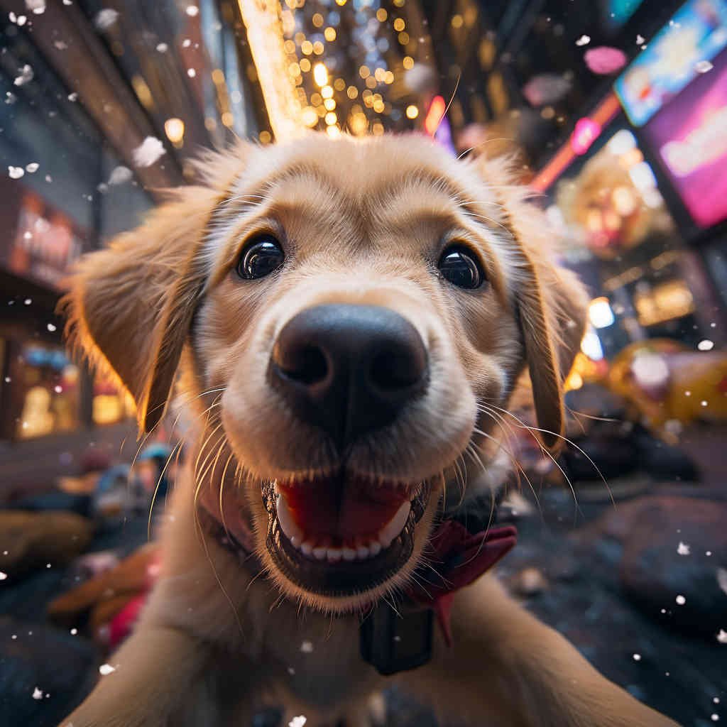 Imagen de cachorro de labrador haciendose una autofoto, ciudad de fondo.