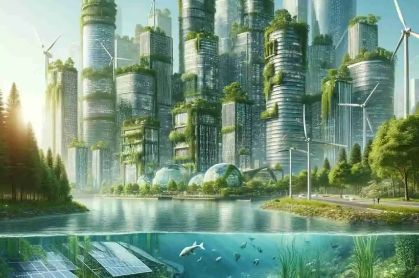 Ciudad enorme con lago y paneles solares flotantes símbolo de la sostenibilidad.