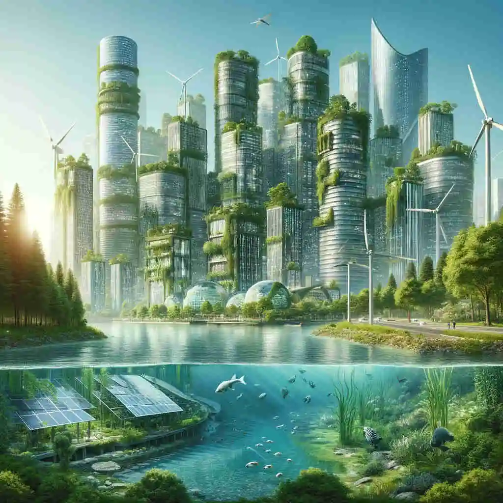 Ciudad enorme con lago y paneles solares flotantes símbolo de la sostenibilidad.