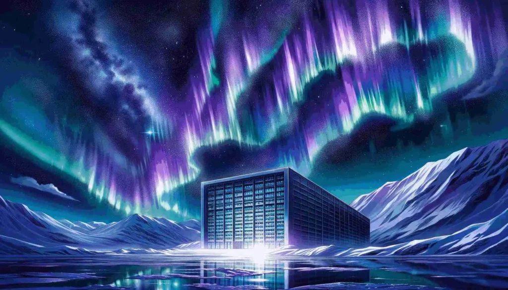 Aurora boreal sobre edificio rectangula Svalbard.