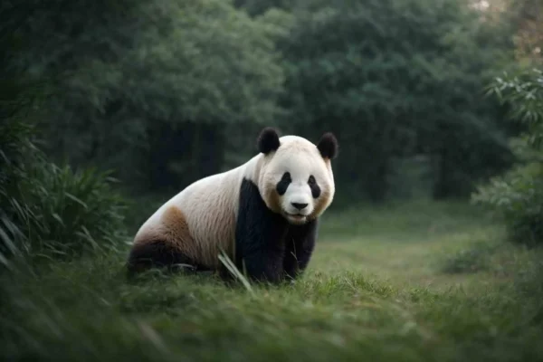 Panda gigante apoyado en las cuatro patas en el bosque, mirando a cámara.