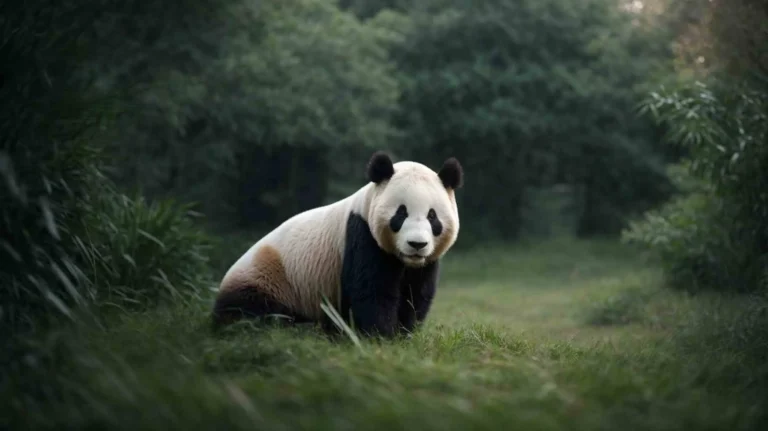 Panda gigante apoyado en las cuatro patas en el bosque, mirando a cámara.