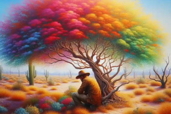 hombre plantando árbol con hojas multicolor, acuarela.