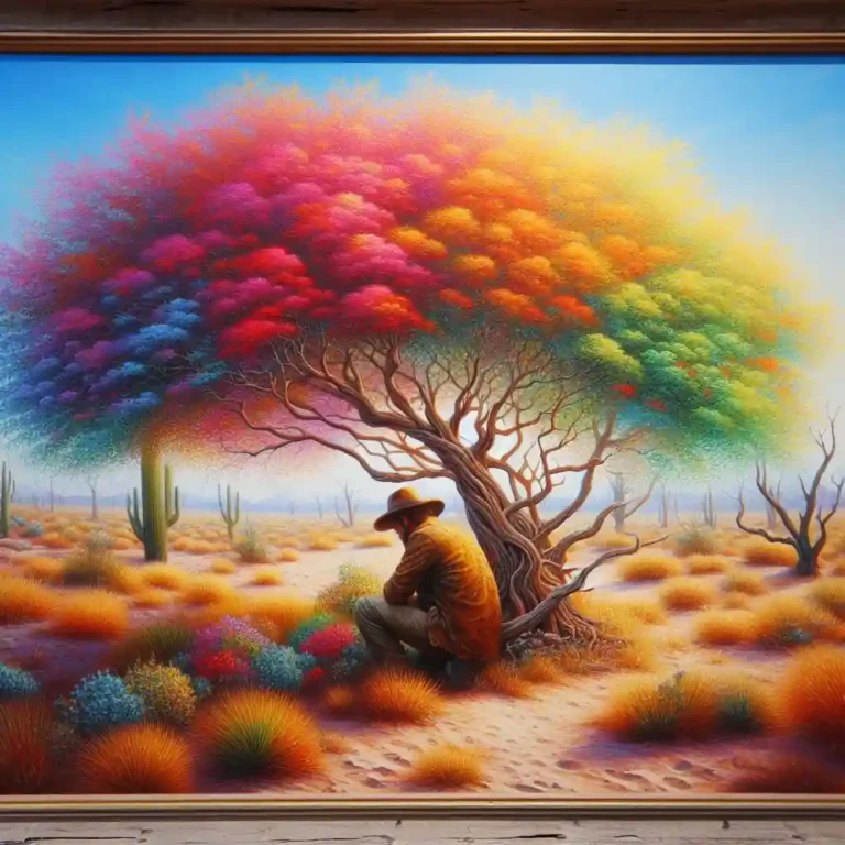 hombre plantando árbol con hojas multicolor, acuarela.